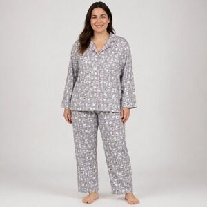 BH Bears Women's Pajama Set L Gray Dog Cat Print Pink Piping Lounge